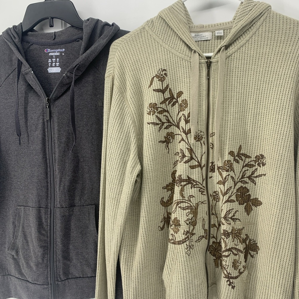 2  Zip Up Hoodie Sweatshirt Jackets Gray Champion, Tan Thermal Knit Print Large